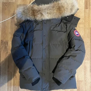 Svart dunjacka från Canada Goose - Säljer en svart dunjacka från Canada Goose med stor fluffig päls på huvan och klassisk logga på ärmen. Jackan är quiltad och har långa ärmar, perfekt för kalla vinterdagar. Snygg och tidlös design som håller dig varm hela säsongen.