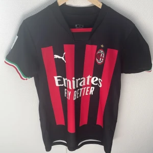 AC Milan Ibrahimović 11 Puma matchtröja - AC Milan matchtröja säsong 2023/2024 med Ibrahimović 11 på ryggen. Svart och röd med klassiska ränder, klubbmärke och Puma-logga på bröstet. Serie A och BitMEX-loggor på ärmarna. Trikolorfärgade muddar. Tillverkad i lätt och ventilerande material. I storlek s funkar till xs