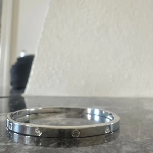 Silverfärgat armband med stenar - Säljer ett stilrent armband i silverfärg med infällda stenar och dekorativa skruvdetaljer runt om. Armbandet är stelt och passar perfekt som accessoar till många olika looks.