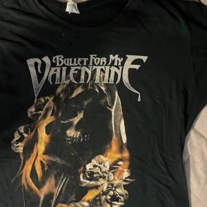 Bullet For My Valentine t-shirt svart - Svart t-shirt med Bullet For My Valentine-tryck framtill. Snyggt motiv med dödskalle och eld i orange och grå toner. Klassisk passform och rund hals. Tillverkad i 100% bomull, perfekt för dig som gillar bandmerch och rockstil.
