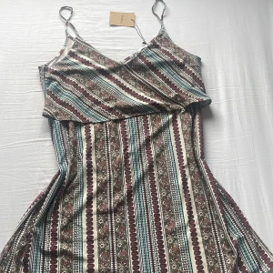 Mönstrad sommarklänning från Mango - Säljer en boho-inspirerad klänning från Mango Basics i storlek L. Klänningen har smala axelband, omlott-v-ringning och ett färgstarkt mönster med blommor och ränder i vinrött, beige, blått och svart. Perfekt för dig som gillar unika prints och avslappnad stil.