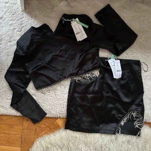 Svart set med pärldetaljer från Gina Tricot - Snyggt svart set med en croppad topp och en kort kjol. Toppen har långa ärmar och pärldetaljer längs fållen. Kjolen har matchande pärldetaljer vid sidan. Perfekt för en kväll ute!