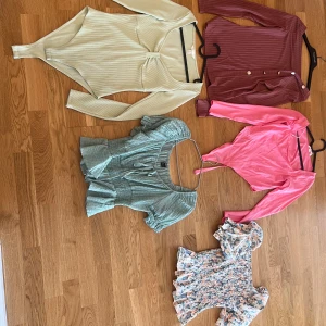 Fem trendiga toppar i olika färger - Säljer fem snygga toppar: en ljusbeige ribbad body med lång ärm och knyt fram, en vinröd ribbad blus med knappar, en rosa omlottopp i glansigt material, en mintgrön blus med puffärm och knyt, samt en blommig volangblus med puffärm. Perfekta för att mixa stilar och färger! Säljer för 50:-/st