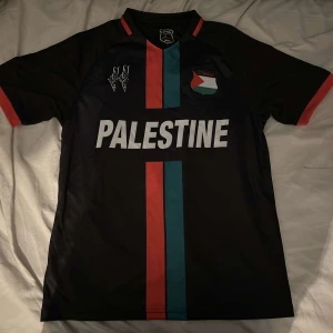 Svart fotbollströja från PC Palestina - Snygg svart fotbollströja från PC Palestina med korta ärmar och färgglada ränder i rött och grönt. Texten 'PALESTINE' pryder framsidan och en karta syns på baksidan. Perfekt för fotbollsfans som vill visa sitt stöd.