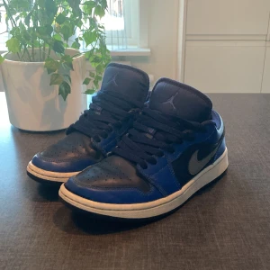Nike Air Jordans i blått och marinblått - Snygga Nike Air Jordans i en cool kombination av blått och svart. De har ett litet hål längst upp men det går lätt att täcka med byxor. Storlek 38,5 priset är inte hugget i sten