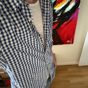 Blårutig skjorta från Riley - Säljer en klassisk blårutig skjorta från Riley med vita och blå rutor. Skjortan har lång ärm, knappar framtill och är i 80% bomull 20% linne. Perfekt till jeans för en avslappnad men snygg stil.