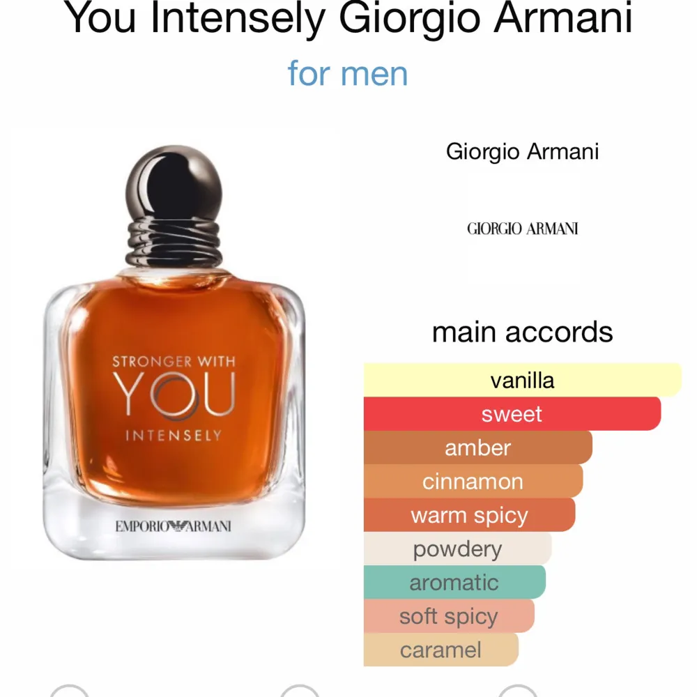 Säljer Emporio Armani Stronger With You Intensely, en herrparfym med doftnoter av vanilj, sötma, amber och kanel. Perfekt för den som vill ha en varm, kryddig och långvarig doftupplevelse. Detta är en tjejmagnet ! Flaskan är 100ml men finns ungefär 50ml kvar. Nypris ca 1300kr. FINNS I 2,3,5,10ML KOLLA PROFILEN FÖR ANDRA STORLEKAR ! 2ml 39kr | 3ml 49kr | 5ml 69kr | 10ml 119kr |. Perfume.