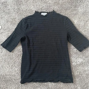 Svart ribbad topp från & Other Stories - Säljer en svart ribbad topp från & Other Stories med hög hals och trekvarts ärmar. Toppen har ett diskret randigt mönster i strukturen och är tillverkad i ett mjukt material. Perfekt att styla till olika outfits!