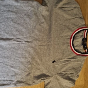 Grå t-shirt från Polo Ralph Lauren - Grå t-shirt från Polo Ralph Lauren med korta ärmar och rund halsringning med röd, vit och svart kant. Liten broderad logga på bröstet. Perfekt för en avslappnad stil.