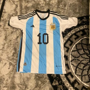 Argentina fotbollströja med nummer 10 - Säljer en klassisk Argentina fotbollströja från Adidas med nummer 10 och namn på baksidan. Tröjan är randig i vitt och ljusblått med svarta detaljer och korta ärmar. Perfekt för fotbollsfans! Storlek S
