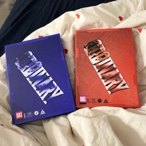 Album 'IN生' av SKZ - Två albumversioner av 'IN生' av SKZ, en i blått och en i rött. Båda har en futuristisk design med stora bokstäver på omslaget. Perfekt för fans av K-pop och samlare av unika albumutgåvor.