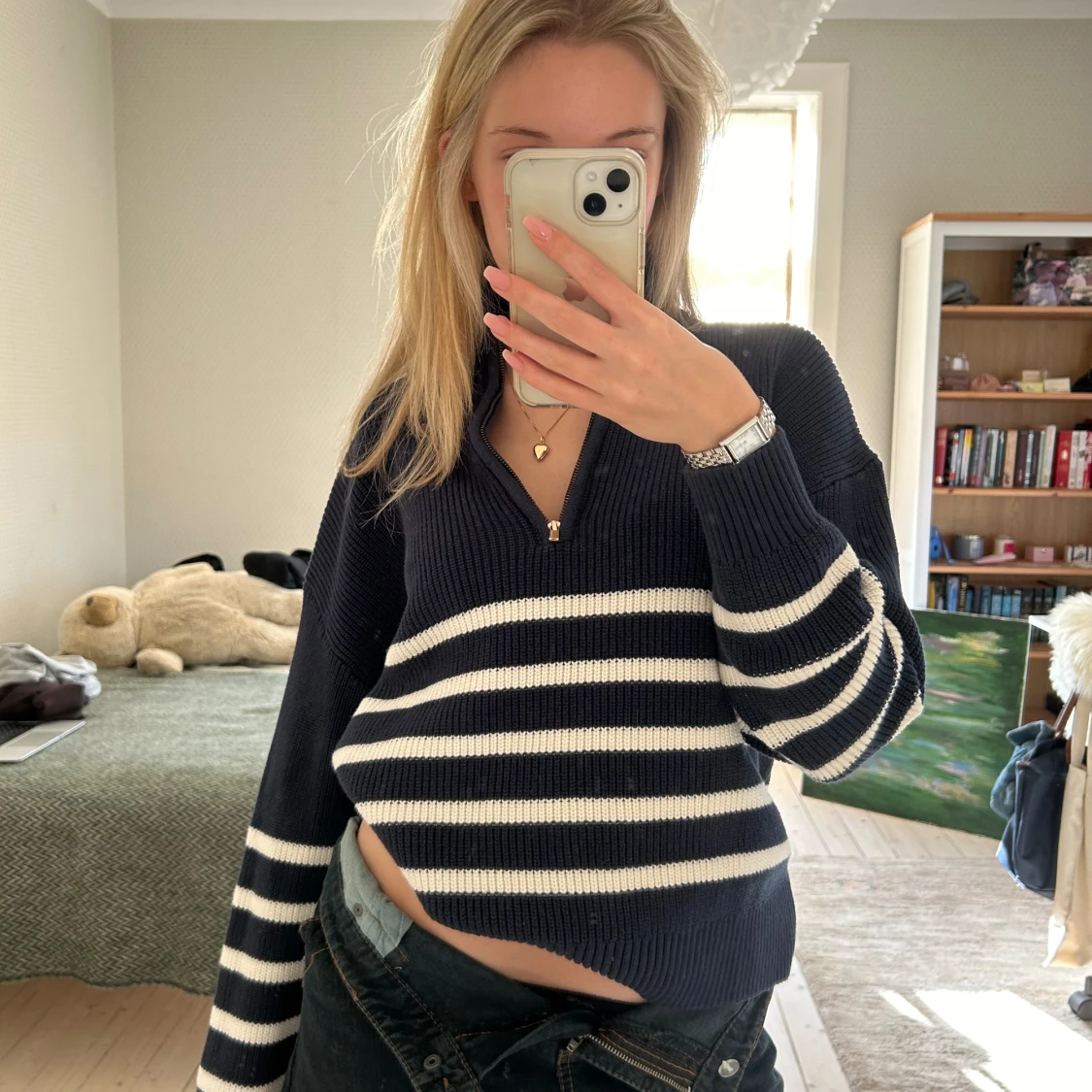 Randig stickad tröja med dragkedja - 90