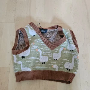 Stickad väst från Cider med gåsmönster - Säljer en superfin stickad väst från Cider. Den är grön med ett gulligt mönster av vita gäss och har bruna ribbade kanter. Västen är croppad och har en v-ringad hals. Perfekt för höst och vår!