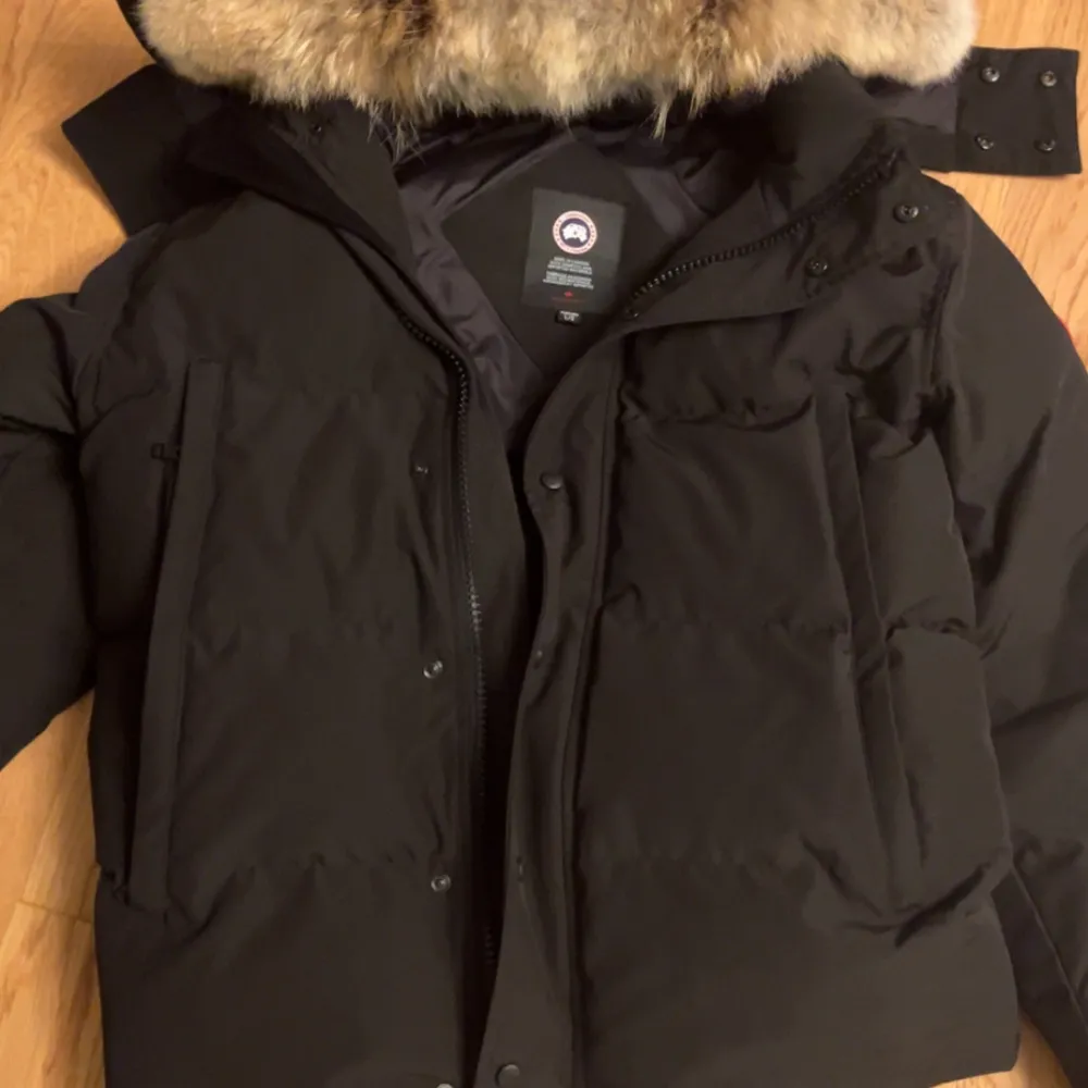 Säljer en svart dunjacka från Canada Goose i storlek L. Jackan har en avtagbar huva med pälsdetaljer och är perfekt för kalla vinterdagar. Den har dragkedja och knappar framtill för extra skydd mot kyla. Supervarm och stilren, perfekt för vintern! ❄️. Jackor.