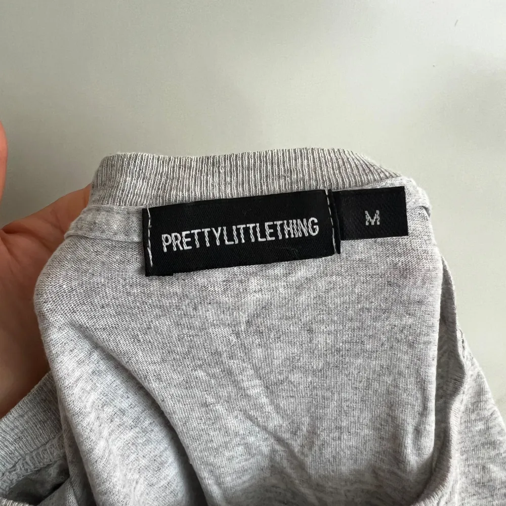 Säljer en grå långärmad tröja från PrettyLittleThing. Den är supermjuk och perfekt för en avslappnad look. Tröjan har en enkel design med en liten logga på bröstet. Perfekt för höst och vår!. Tröjor & Koftor.