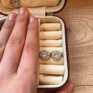 Glittriga örhängen i silver - Snygga glittriga örhängen i silverfärg med en rund form. Perfekta för att ge en extra touch av glamour till din outfit. De är infattade med gnistrande stenar som fångar ljuset vackert.