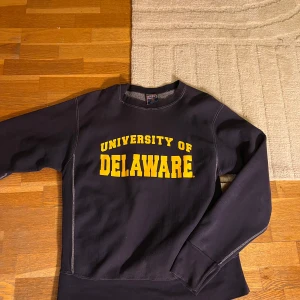 Collage tröja  med University of Delaware-tryck - Säljer en blå sweatshirt med gult tryck från University of Delaware. Tröjan har långa ärmar och är perfekt för en avslappnad stil. Den är i bra skick och passar perfekt för höst och vinter. Perfekt för dig som gillar college-stilen!