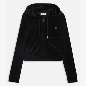 Svart velour hoodie från Juicy Couture - Säljer en snygg svart velour hoodie från Juicy Couture. Den har en dragkedja fram och en stor Juicy-logga i strass på ryggen. Nypris 1059 kr mitt pris 400 kr