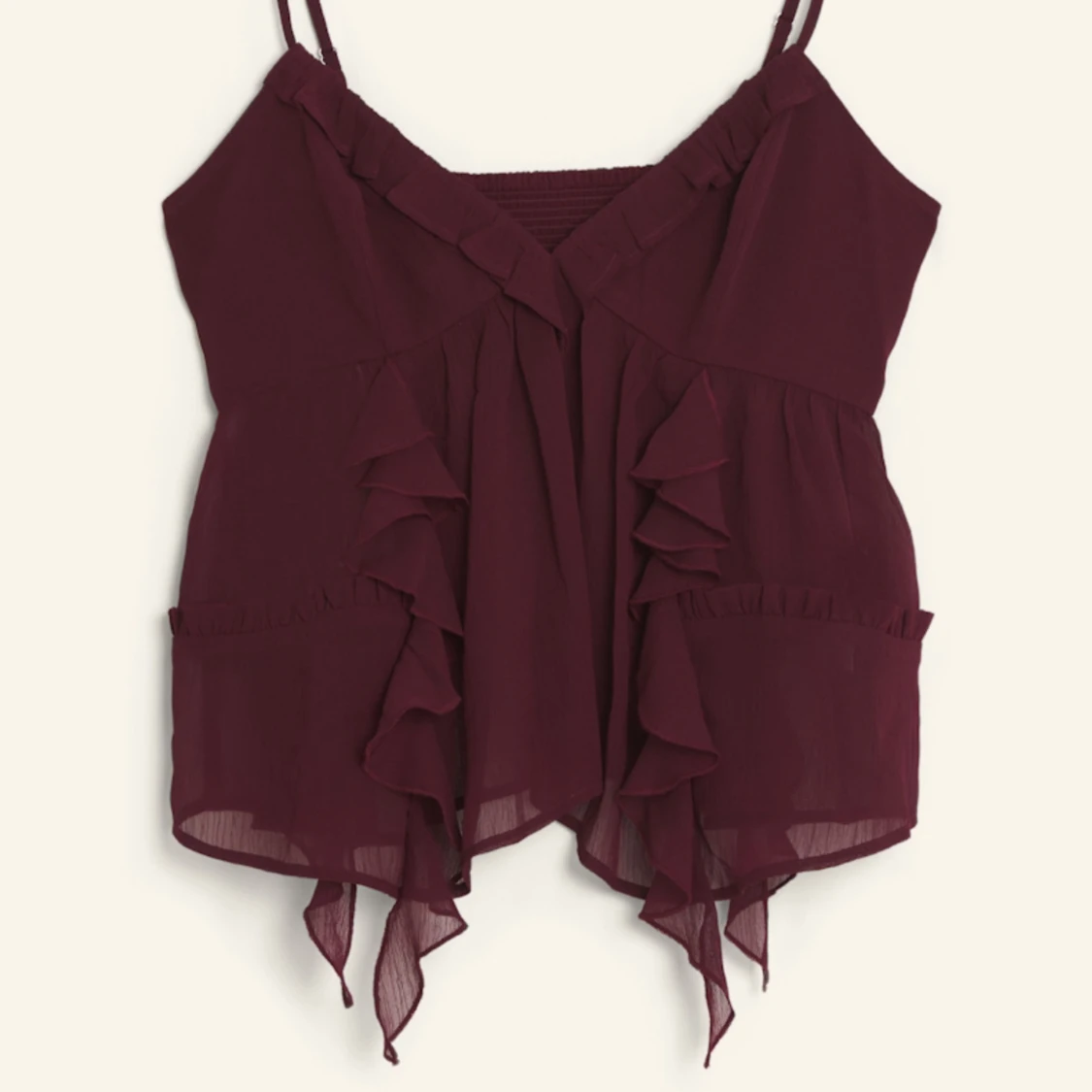 Vinröd ärmlös topp med volanger - 1