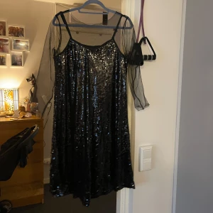 Svart glittrig klänning med meshärmar - Snygg svart klänning med glittriga paljetter och transparenta meshärmar. Perfekt för en festlig kväll. Klänningen har en lös passform och är axelbandslös med långa ärmar i mesh.Helt ny.
