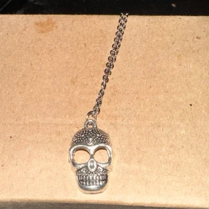 Silverfärgat halsband med dödskalle - Coolt silverfärgat halsband med en detaljerad dödskalleberlock. Perfekt för att ge din outfit en edgy touch. Kedjan är robust och berlocken har små prickar som ger en unik textur.