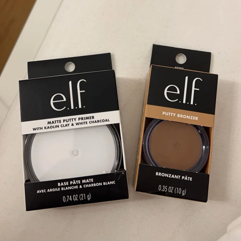 Säljer två fantastiska produkter helt oöppnade från e.l.f.! En Matte Putty Primer med kaolinlera och vit kol för en jämn bas, och en Putty Bronzer för en solkysst look. Primern är 21g och bronzern är 10g. Perfekt för att skapa en hållbar och snygg makeup-look!. Skönhet.