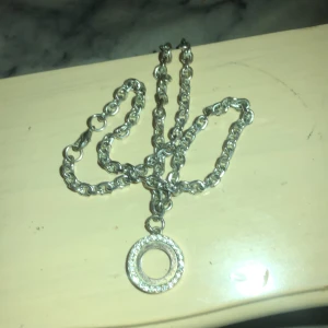 Silverfärgat halsband med glittrig cirkelberlock - Snyggt silverfärgat halsband med en glittrig cirkelberlock. Perfekt för att ge lite extra bling till din outfit. Kedjan är robust och berlocken är täckt med små gnistrande stenar. Passar både till vardags och fest!