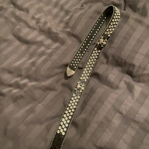 Svart glittrigt bälte med dödskallar - Snyggt svart bälte med glittriga detaljer och dödskallemönster. Perfekt för att ge din outfit en edgy touch. Bältet har en smal design och är dekorerat med små silverfärgade nitar. Aldrig använt pga fick det i födelsedagspresent och har bytt stil sedan dess!(: