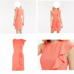 Korallfärgad klänning med volangdetalj - Snygg korallfärgad klänning med volangdetalj på framsidan. Klänningen är ärmlös och har en dragkedja i ryggen för enkel påklädning. Perfekt för sommarens festligheter!Strorlek 36 (Size 10), färg: koral. Klänningen är oanvänd med prislappen på, säljs då den inte passar mig längre. Nypris: 69 Euro. 