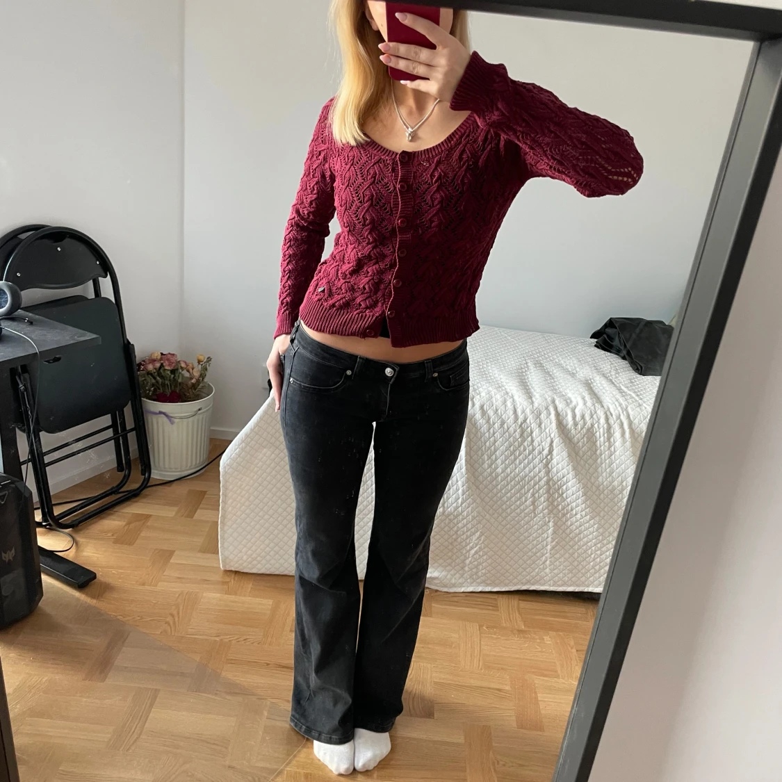 Vinröd stickad kofta - 91