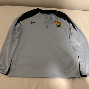 Ljusblå långärmad tröja från Nike - Säljer en ljusblå långärmad tröja från Nike med svart axelparti och broderad tupp-logga på bröstet. Tröjan är tillverkad i 100% polyester och har en dragkedja vid halsen. Perfekt för sportiga aktiviteter! Den är inte äkta men dock toppkvalitet