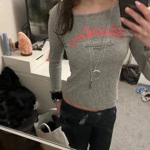 Långärmad tröja - Säljer en grå långärmad tröja med ett tryck framtill. Tröjan har en delvis tight passform och slutar vid byxornas början. Passar jätte bra till jeans eller kjol såväl som lågmidjat men även annat. Skriv vid frågor! 🤗💗