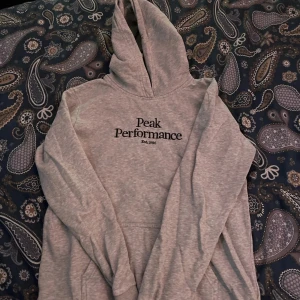 Grå hoodie från Peak Performance - Säljer en grå hoodie från Peak Performance med svart logga på bröstet. Tröjan har en klassisk design med huva och långa ärmar. Perfekt för en avslappnad stil.
