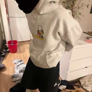 Grå hoodie med tryck - Säljer en grå hoodie med ett färgglatt tryck av tecknade figurer och texten 'Butter' på framsidan. Tröjan har en klassisk känguruficka och en bekväm huva. Perfekt för en avslappnad stil.
