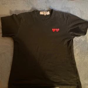 Svart t-shirt från Comme des Garçons - Säljer en svart t-shirt från Comme des Garçons med två broderade hjärtan i rött och rosa på bröstet. Perfekt för en stilren look. De står M men sitter mer som S skulle jag säga, funkar för båda