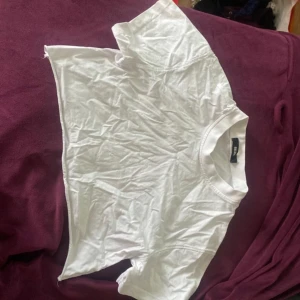 Vit croppad t-shirt - Säljer en vit croppad t-shirt med korta ärmar. Perfekt för en avslappnad stil. T-shirten är enkel och stilren, vilket gör den lätt att matcha med olika outfits.