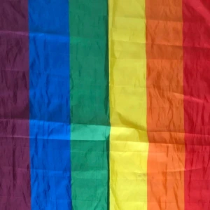 Prideflagga  - Osäker på måtten, har några fläckar av smink som borde gå att tvätta bort och lite smått uppriven i kanterna