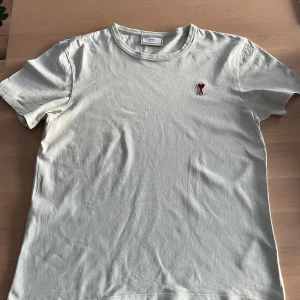 Ljusgrön t-shirt från Ami - Säljer en stilren ljusgrön t-shirt från Ami med ett broderat rött hjärta på bröstet. T-shirten är kortärmad och tillverkad i mjuk bomull. Perfekt för en avslappnad stil. Storlek L men är i verkligheten mer en M i storlek. Nypris 1400kr