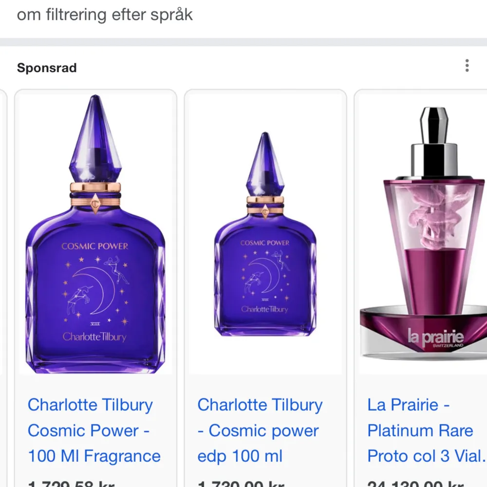 100ml av Charlotte Tilbury cosmic power, väldigt unik och sällsynt parfym som är väldigt svår att få tag på, nypris ligger på runt 1800kr. Väldigt cool flaska. Luktar Vanilj, trä och lite lite tobakk aktigt. Ganska mörk men väldigt god! 90+ Ml kvar. Parfym.