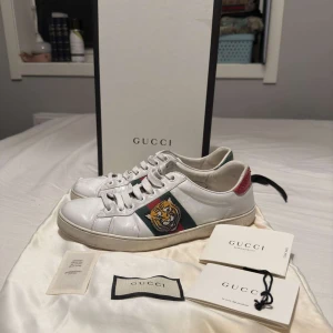 Gucci Ace Skor - Säljer dessa feta Gucci Ace, skon har ett bra skick men vissa tecken på andvändingar, inga defekter eller fläckar eller något sånt. Så allmänt 8/10! Storlekn är 41,5 passar 42. Allt og finns till dem är självklart äkta! Skorna kostar runt 9000 nya. Denna model hittar du inte för billigare! Har du några frågor är det bara att höra av sig! Priset är inte hugget i sten!