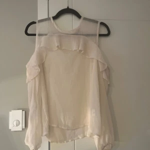 Rosa blus med volangdetaljer - Elegant rosa blus med volangdetaljer och transparenta partier upptill. Blusen har långa ärmar och en luftig passform. 