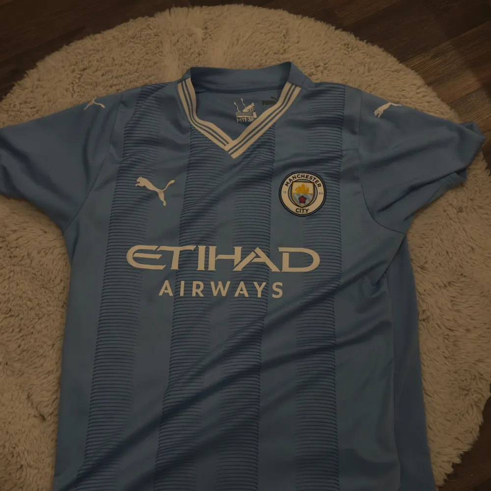 Säljer en ljusblå Manchester City fotbollströja från Puma i mycket bra skick. Tröjan är kortärmad med klubbens emblem och sponsorlogga på framsidan. Perfekt för fans som vill visa sitt stöd på matchdagar! 💙. T-shirts.