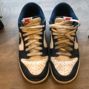 Nike Dunk i blått och vitt - Säljer ett par klassiska Nike Dunk i blått och vitt. Skorna har en snygg retrostil med snörning och den ikoniska Nike-loggan på sidan. Perfekta för både vardag och fest! De är i bra skick med lite slitage på sulan, men fortfarande superbekväma. Har inte ännu gjort rent dom men det gör jag innan jag skickar dom. Ända skadan är slitage på sulan och att dom är lite creasade.
