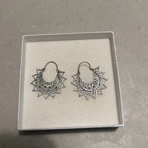 Silvriga örhängen med spetsdetaljer - Säljer ett par superfina silvriga örhängen med ett unikt spetsmönster. De har en rund form med detaljer som påminner om små hjärtan och spetsar. Perfekta för att ge en elegant touch till vilken outfit som helst. Passar både till vardags och fest!
