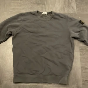 Grå sweatshirt från Stone Island - Säljer en stilren grå sweatshirt från Stone Island med deras ikoniska märke på ärmen. Tröjan har en klassisk rund hals och ribbade muddar vid ärmslut och nederkant. Perfekt för en avslappnad look.