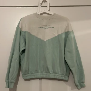 Mintgrön och vit sweatshirt från H&M - Säljer en cool mintgrön och vit sweatshirt från H&M med texten 'Adventure Ahead - Current Dreams, Future Reality' på bröstet. Tröjan har långa ärmar och en bekväm passform. Perfekt för en avslappnad stil.
