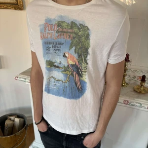 Vit t-shirt med tryck från Ralph Lauren - Säljer en vit t-shirt från Ralph Lauren med ett färgglatt vintage tryck . Perfekt för en avslappnad stil med en touch av äventyr.