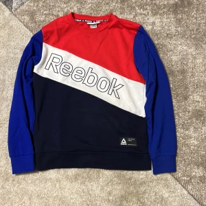 Flerfärgad tröja från Reebok - Säljer en snygg flerfärgad tröja från Reebok med stora logotypdetaljer. Tröjan har en färgblockdesign i rött, blått och vitt med långa ärmar. Perfekt för en sportig look!
