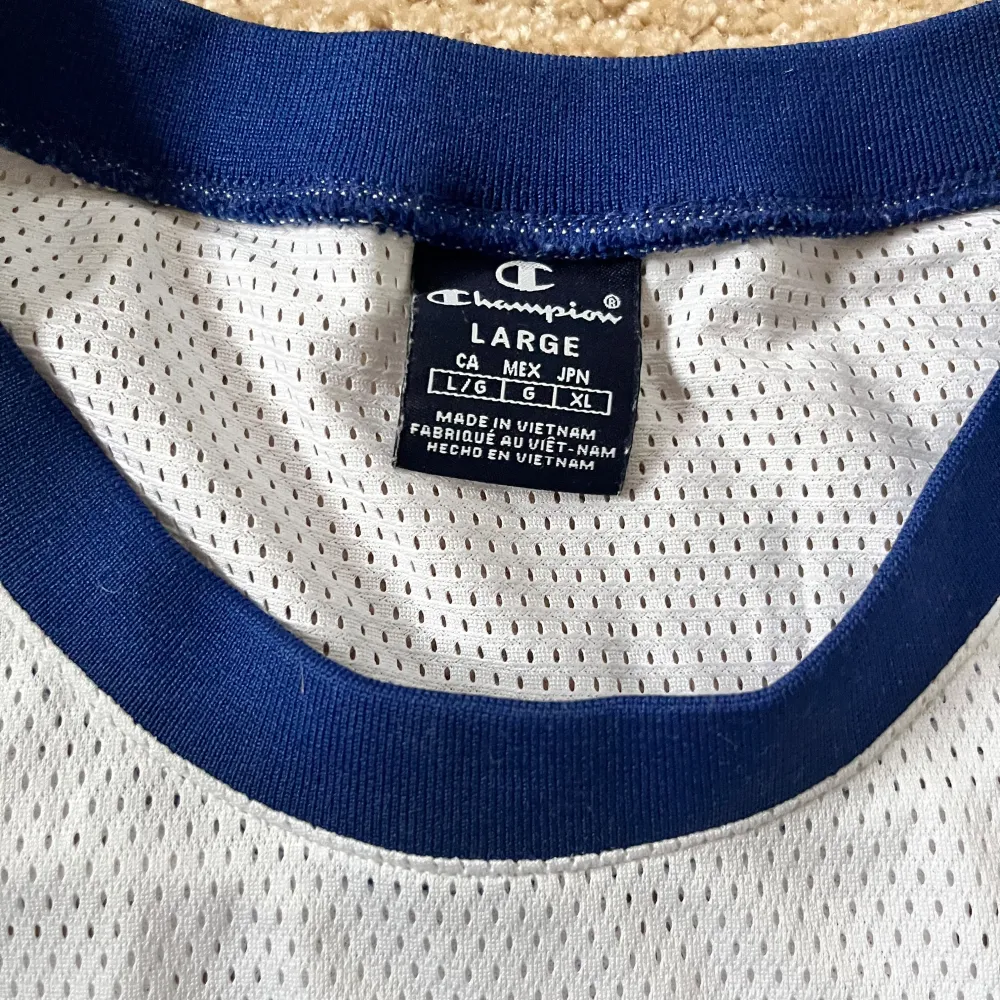 Säljer en vit linne från Champion med marinblå detaljer. Linnet har ett sportigt utseende med meshmaterial och Champion-loggan på bröstet. Perfekt för träning eller en avslappnad dag.. Sportswear.