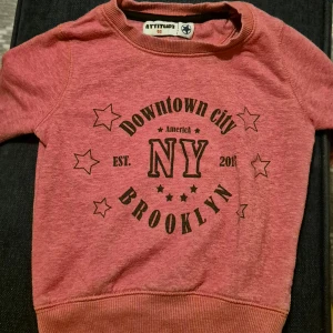 Röd tröja från Attitude med Brooklyn-tryck - Säljer en cool röd tröja från Attitude med ett stort tryck på framsidan som säger 'Downtown city NY Brooklyn'. Tröjan har långa ärmar och är perfekt för en avslappnad stil. Den är i bra skick och redo för nya äventyr!